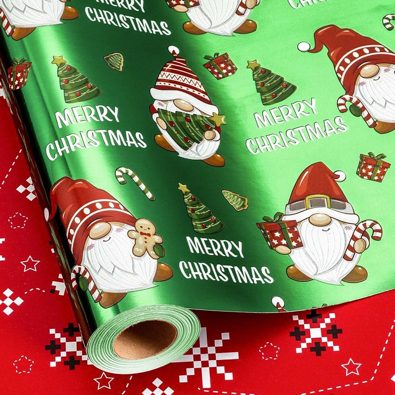 Retrify Christmas Wrapping Paper - 17 Inch x 32.8 Feet Mini Roll - Cute Gnome Snowflake Green Gift Wrap Paper for Holiday Shower Party Celebration - Image 2